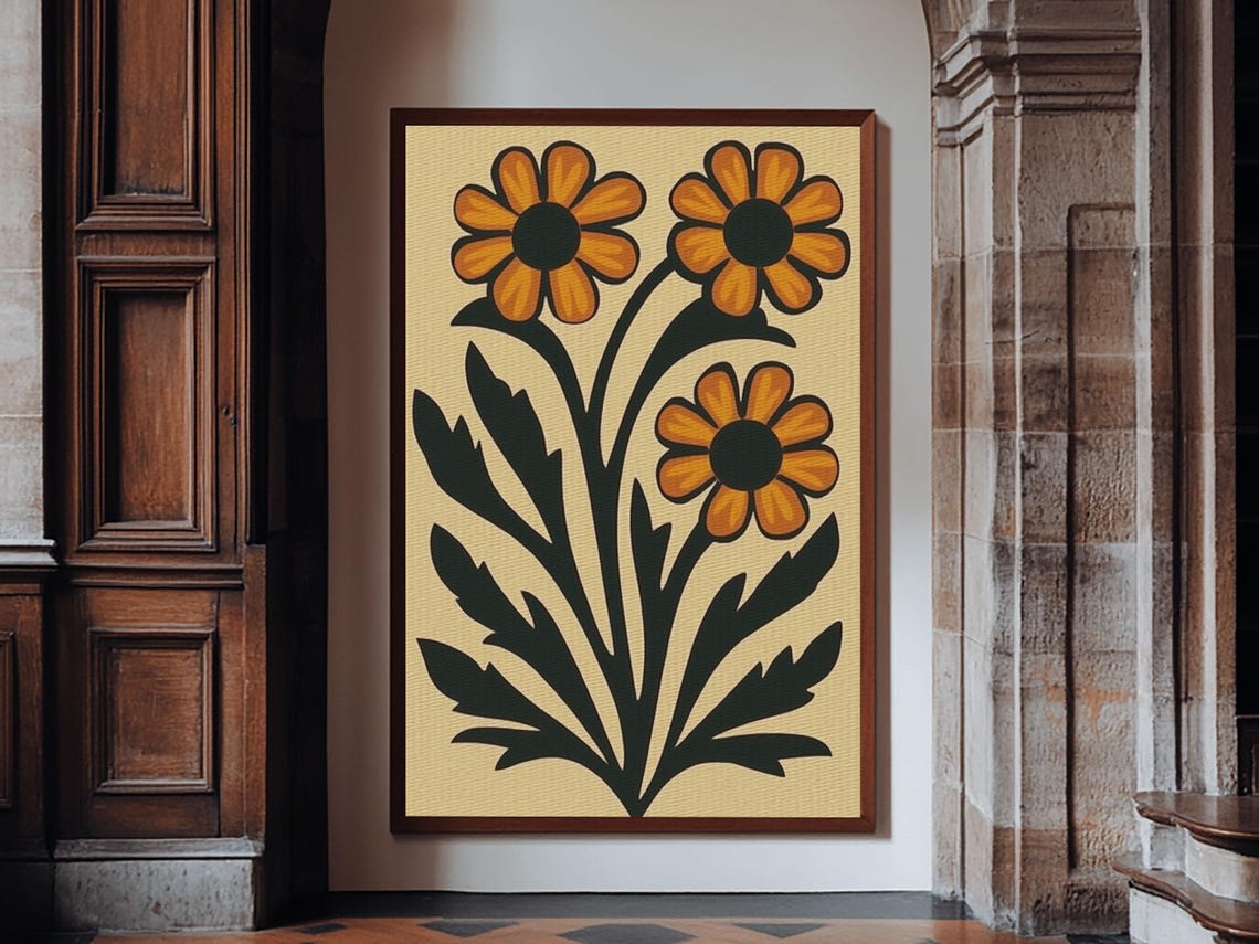 Boho Daisy Flower Floral Botanical Mustard Cream Midcentury Print - Image 6