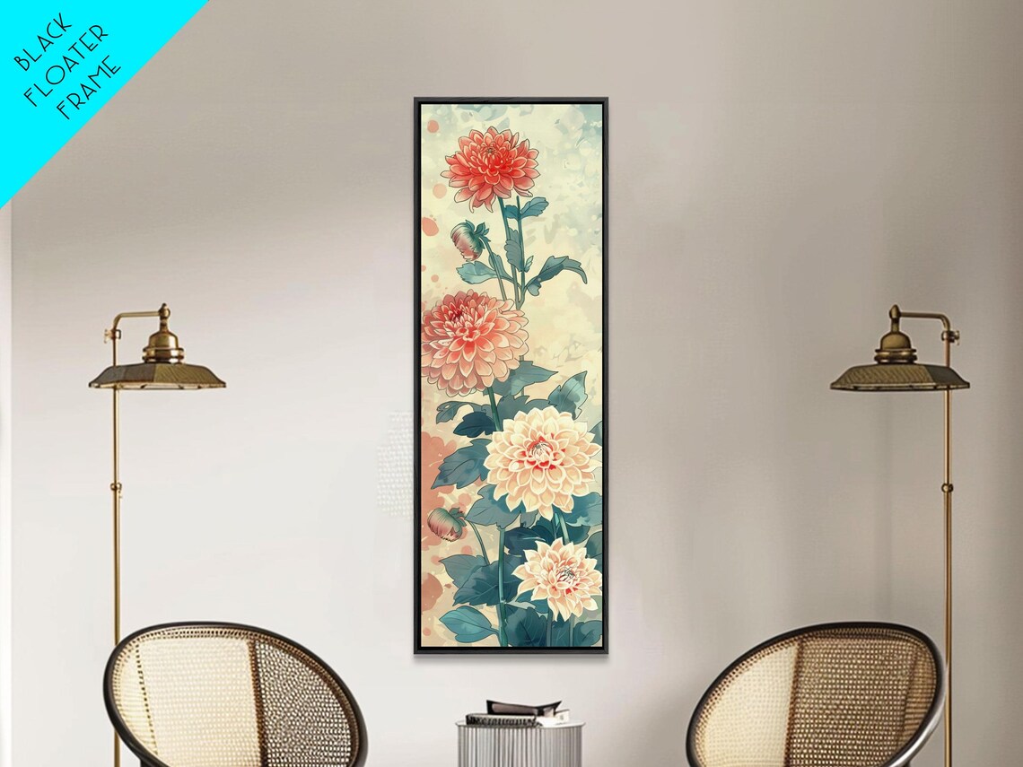 Vibrant Dahlia Flowers Red Orange Cream Tall Japanese Art Poster - Image 3