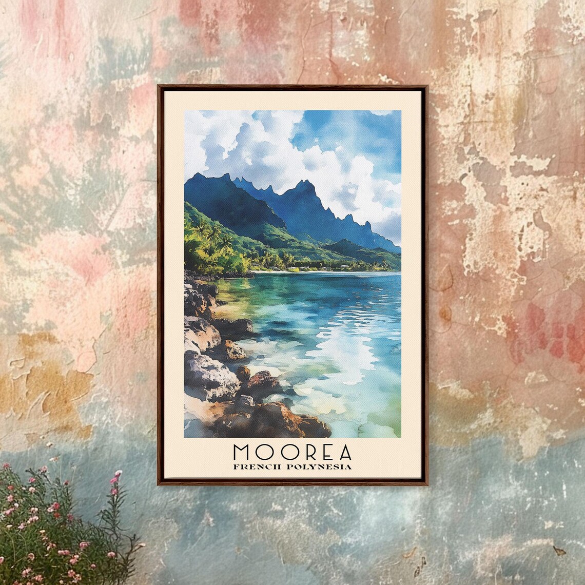 Moorea French Polynesia Volcanic Peaks Lagoon Watercolor Travel Poster