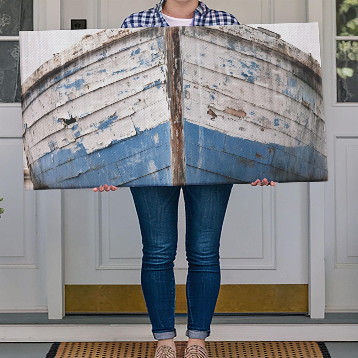 Weathered Old Wooden Boat Hull Peeling Blue Paint Nautical Wall Art - Image 4