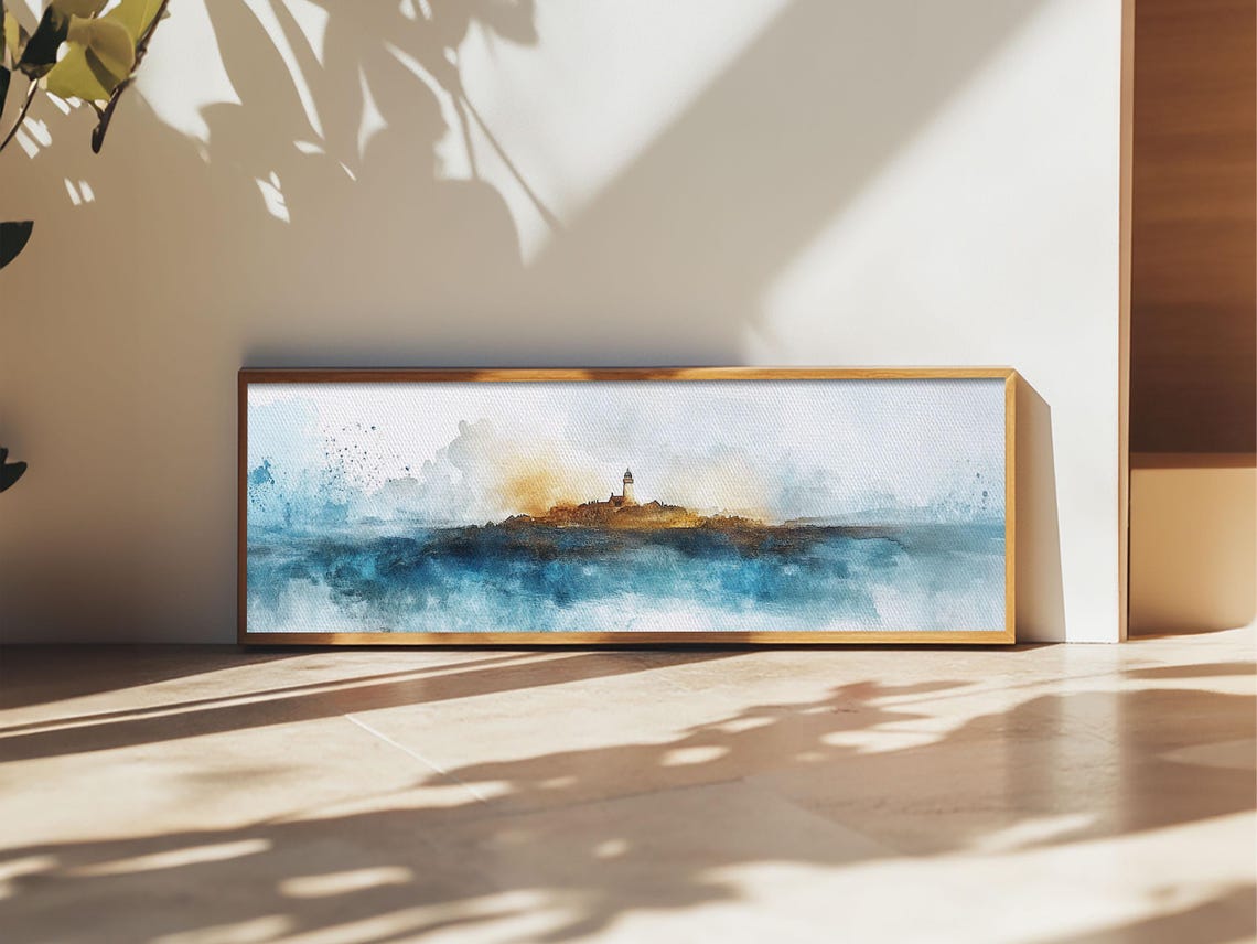 Lighthouse Rocky Island Blue Watercolor Panoramic Coastal Wall Poster - Image 5