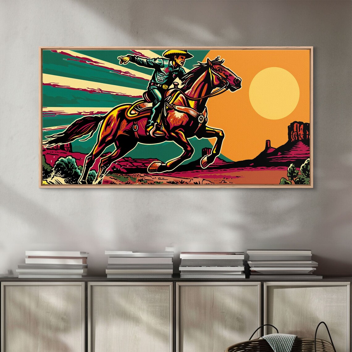 Vintage Cowboy Riding Horse Western Sunset Art Print - Image 3