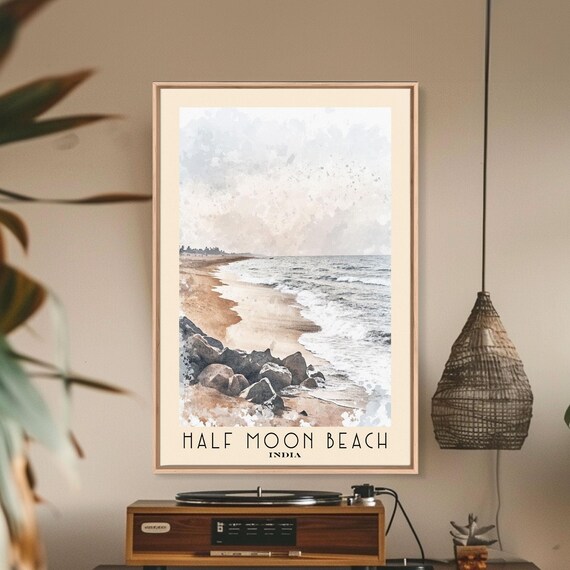 Half Moon Beach India Quiet Shoreline Surf Watercolor Travel Poster