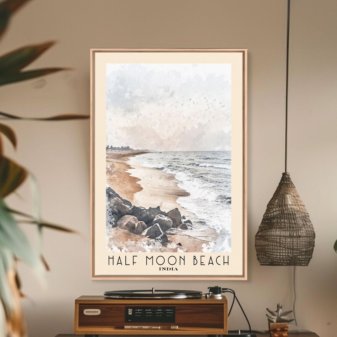Half Moon Beach India Quiet Shoreline Surf Watercolor Travel Poster
