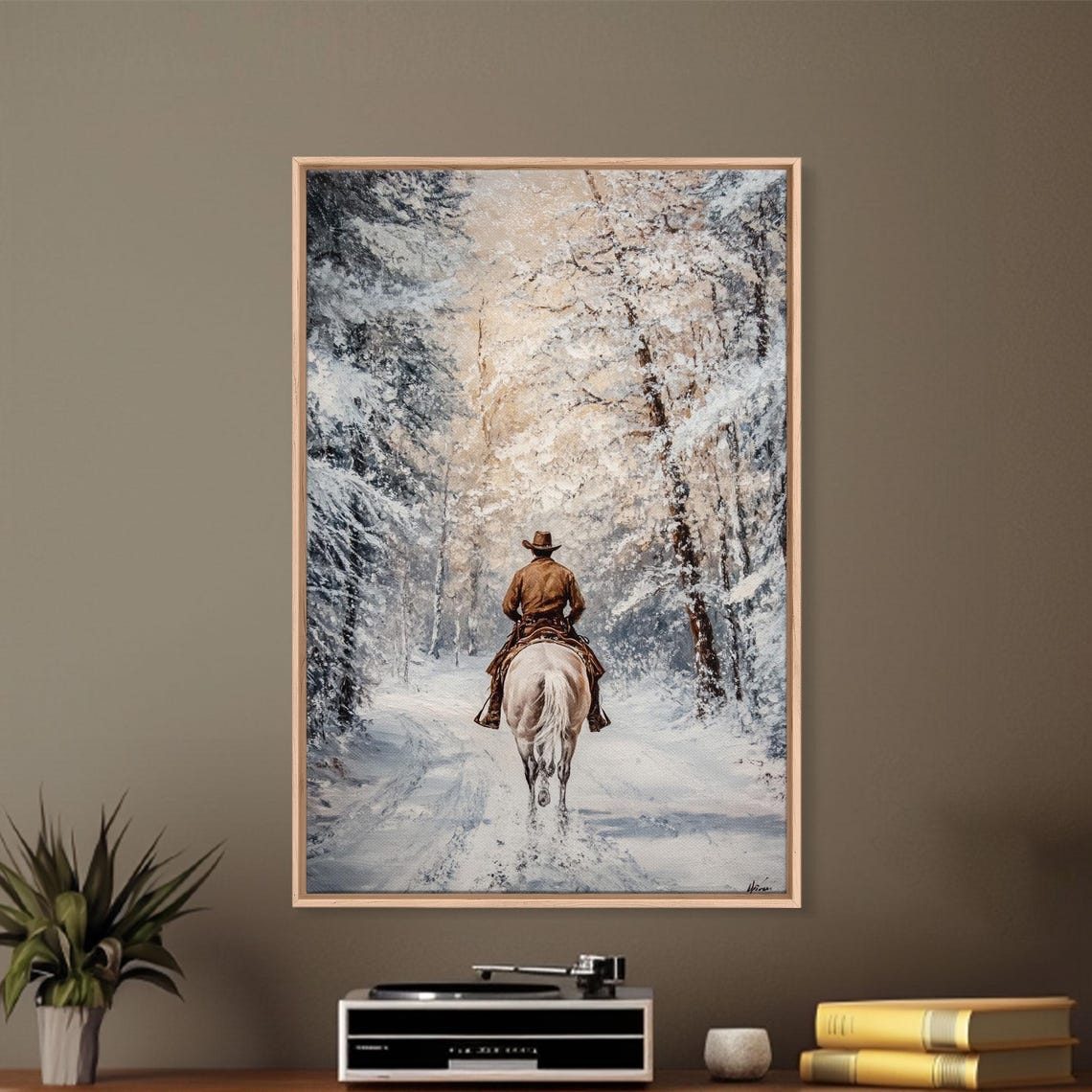 Cowboy Riding White Horse Snowy Forest Trail Winter Western Poster - Image 5