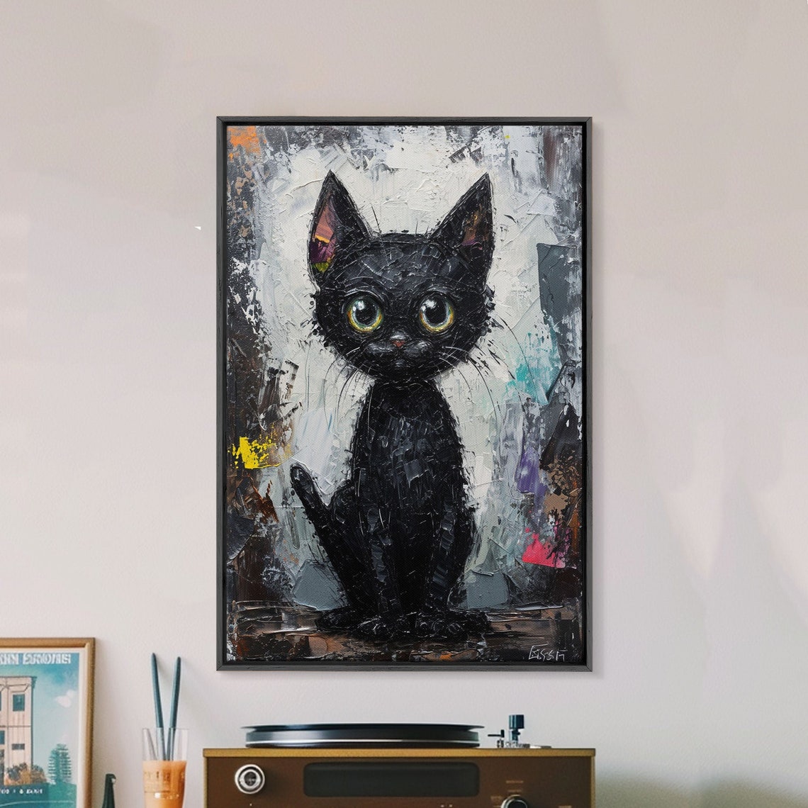 Abstract Black Cat Framed Print Cat Lover Art Cute Cat Printed On Black Cat Textured Wall Art Gift For Cat Lover - Image 3