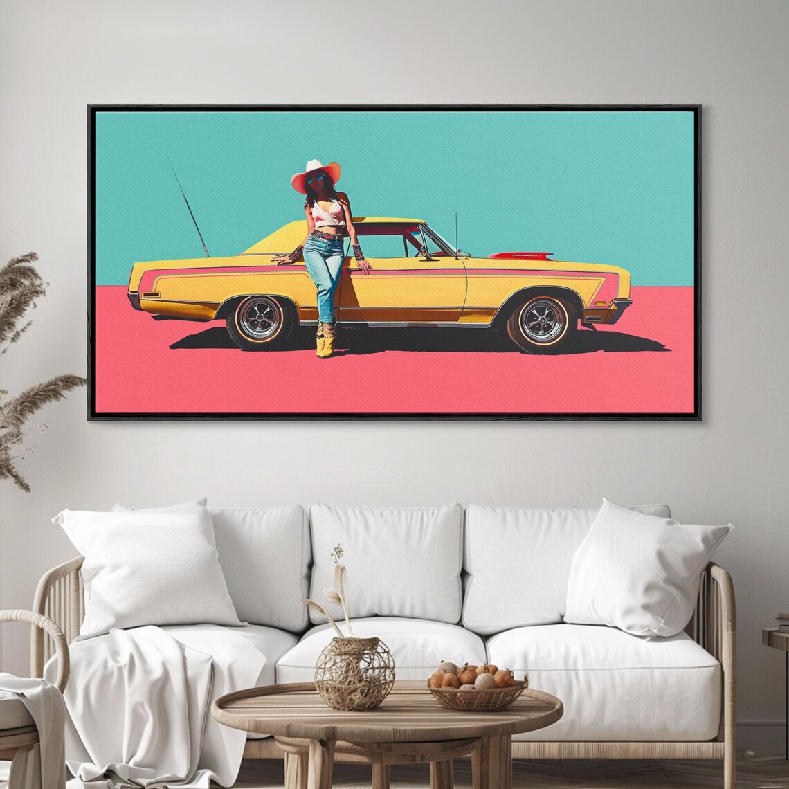 Bold Pop Art Cowgirl With Yellow Classic Muscle Car Turquoise Poster - Image 4