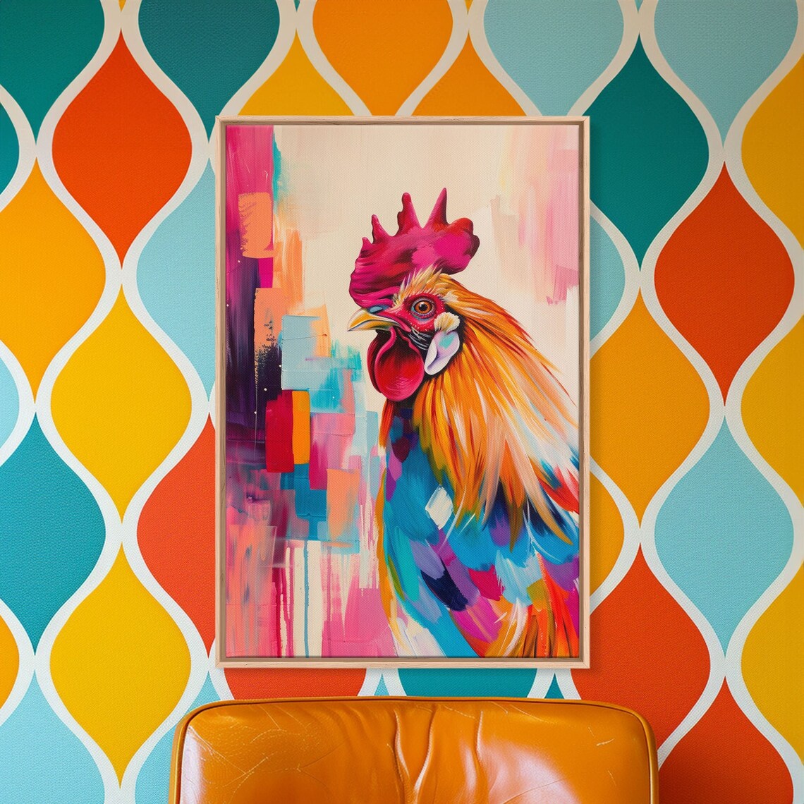 Colorful Rooster Portrait Abstract Pink Orange Farm Art Poster - Image 5