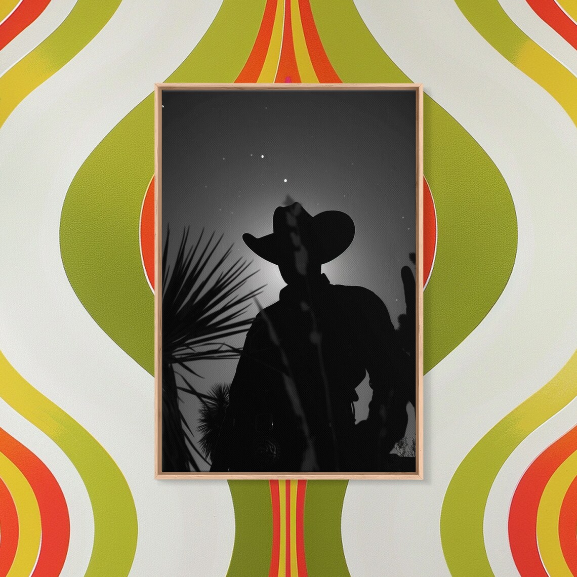 Lone Cowboy Silhouette Under Starry Night Black And White Poster - Image 3