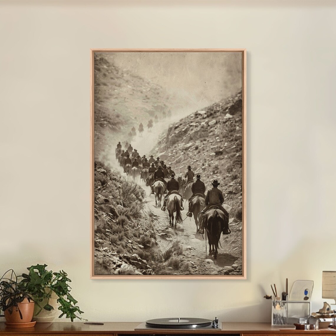 Vintage Cowboys Riding Mountain Trail Sepia Cattle Drive Wall Poster