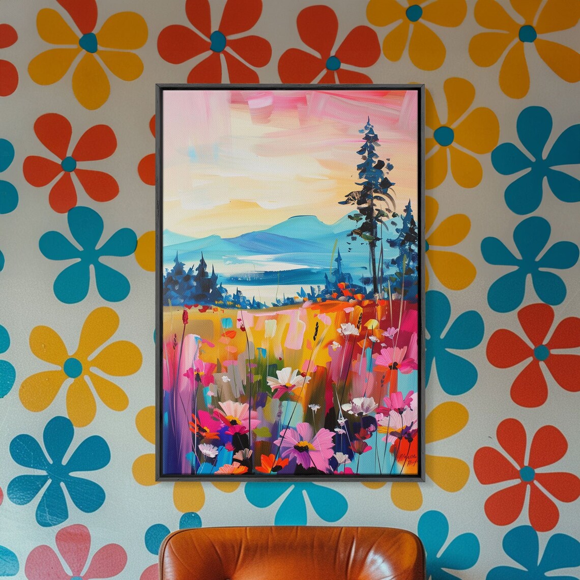 Sunset Wildflower Meadow Mountain Lake Colorful Nature Art Poster