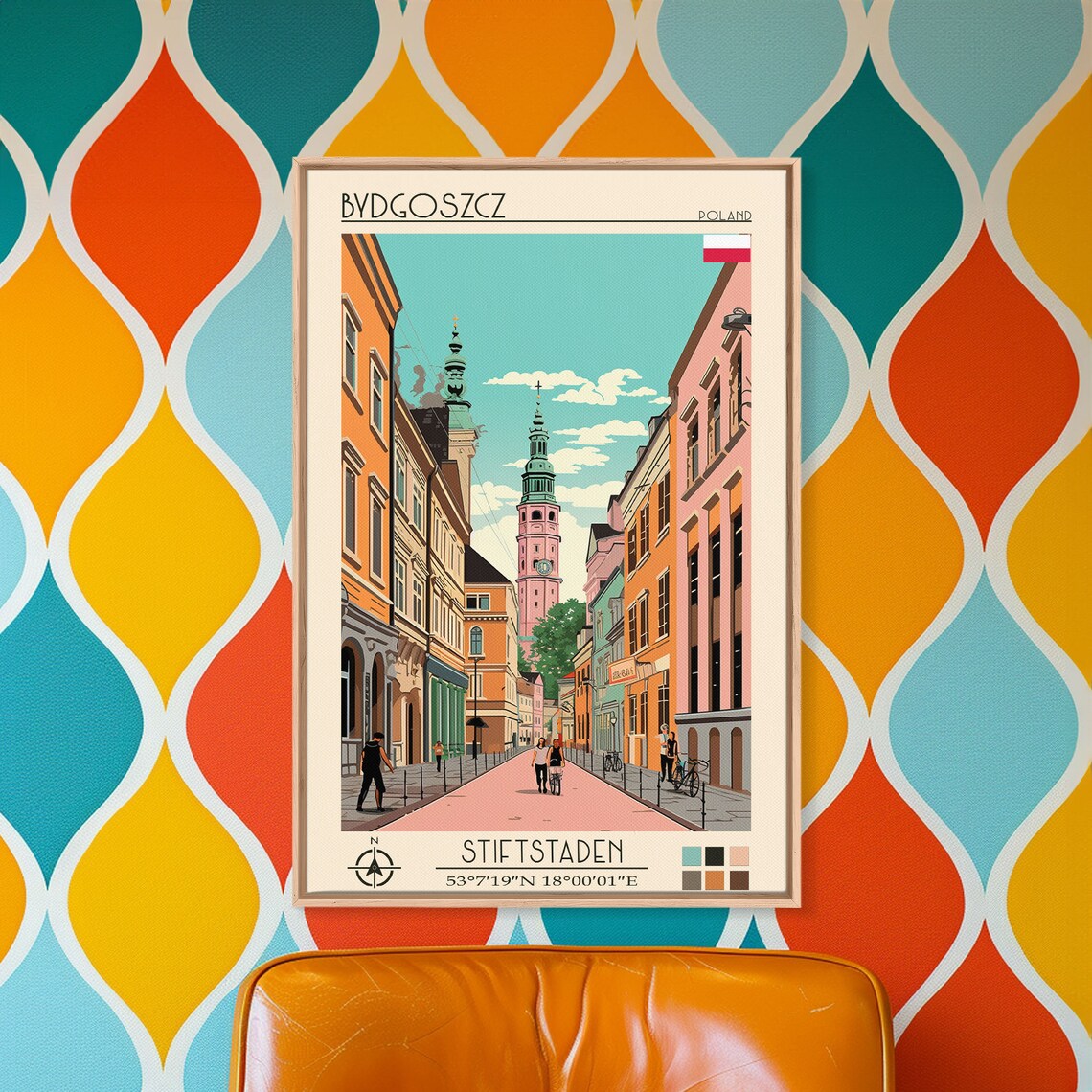 Bydgoszcz Poland Pink Street Twin Church Towers Pedestrian Poster - Image 2