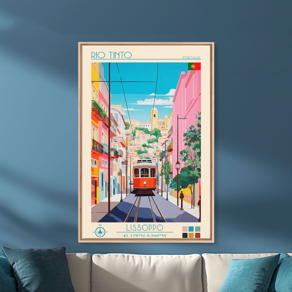 Rio Tinto Portugal Colorful Street Red Tram Old Town Travel Poster - Image 3