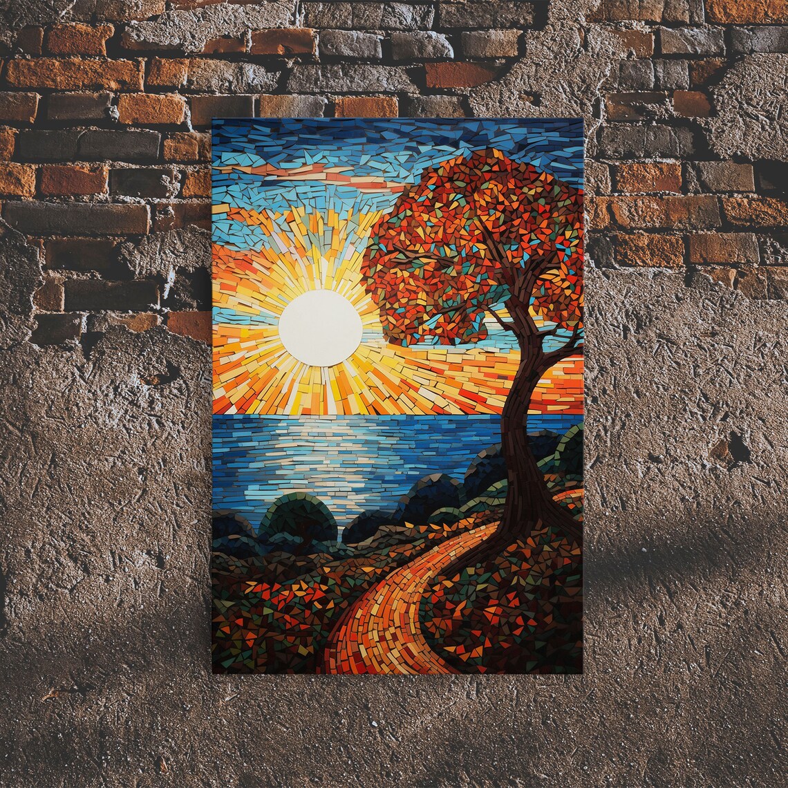 Mosaic Ocean Sunrise Red Leaf Tree Winding Path Coastal View Art Poster - Image 3