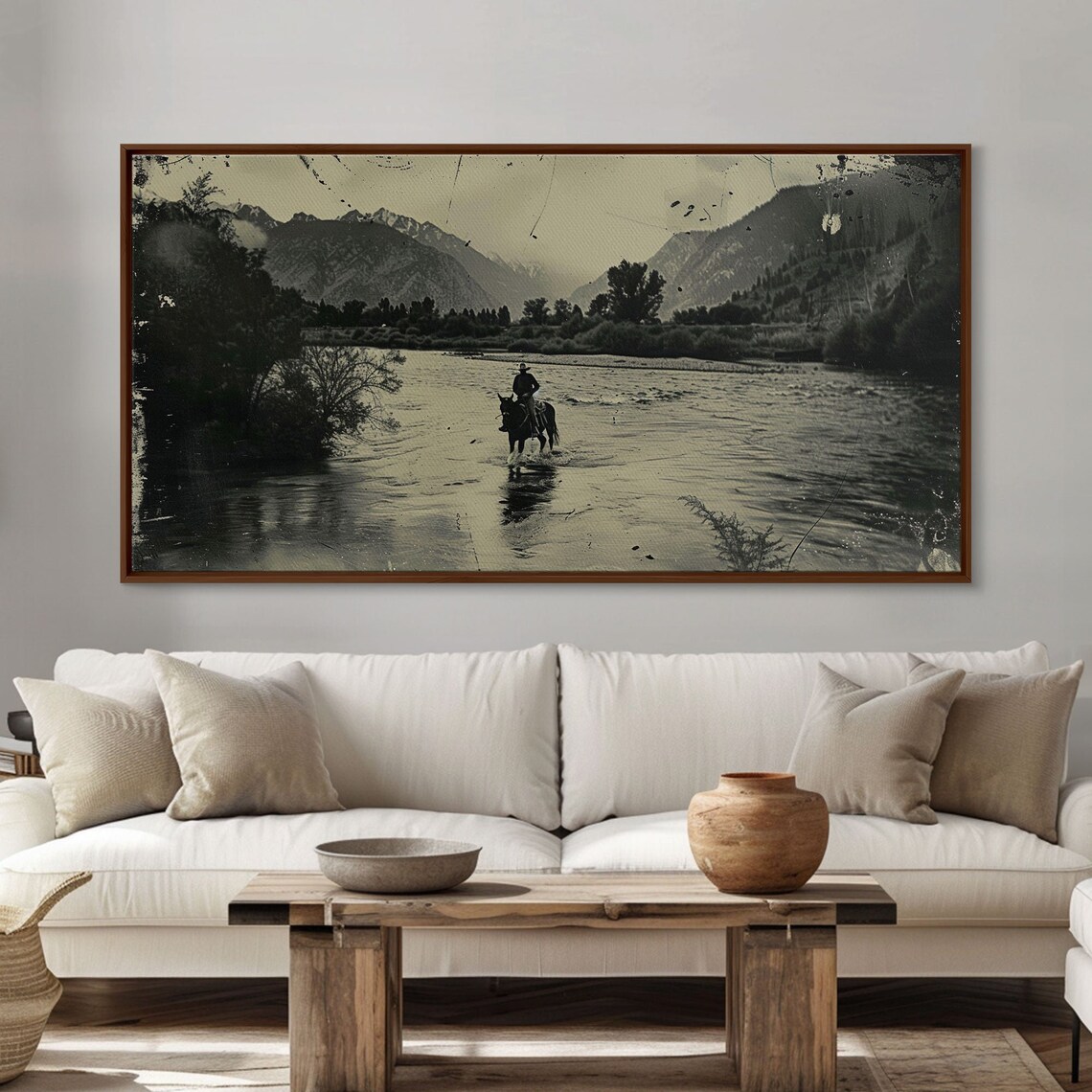 Cowboy Crossing River On Horseback Mountain Valley Sepia Western Print - Image 4