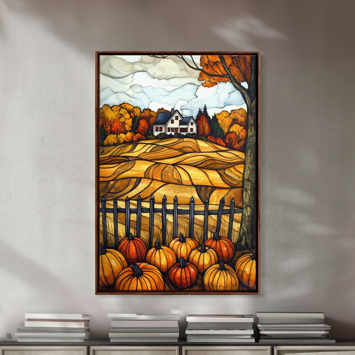 Fall Farmhouse Pumpkins Rolling Golden Fields Autumn Landscape Art Print - Image 2