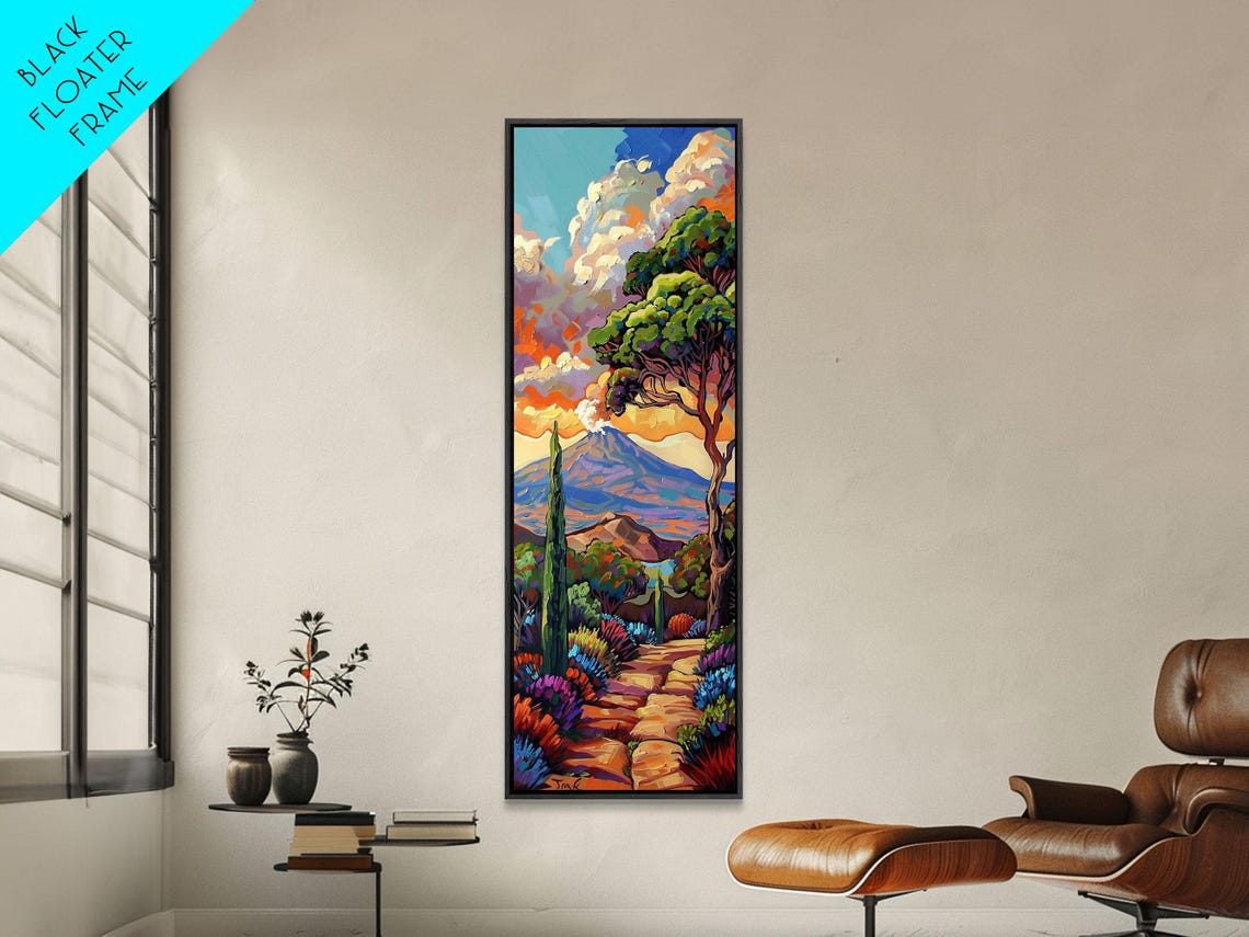Volcano Sunset Over Colorful Flower Valley Impasto Landscape Poster - Image 6