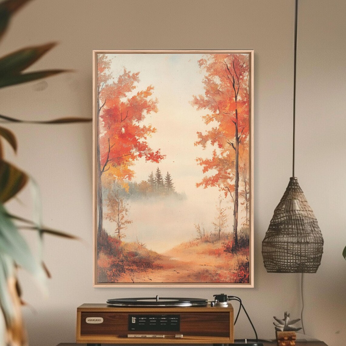 Misty Autumn Forest Path With Red Foliage Fall Landscape Art Poster - Image 3