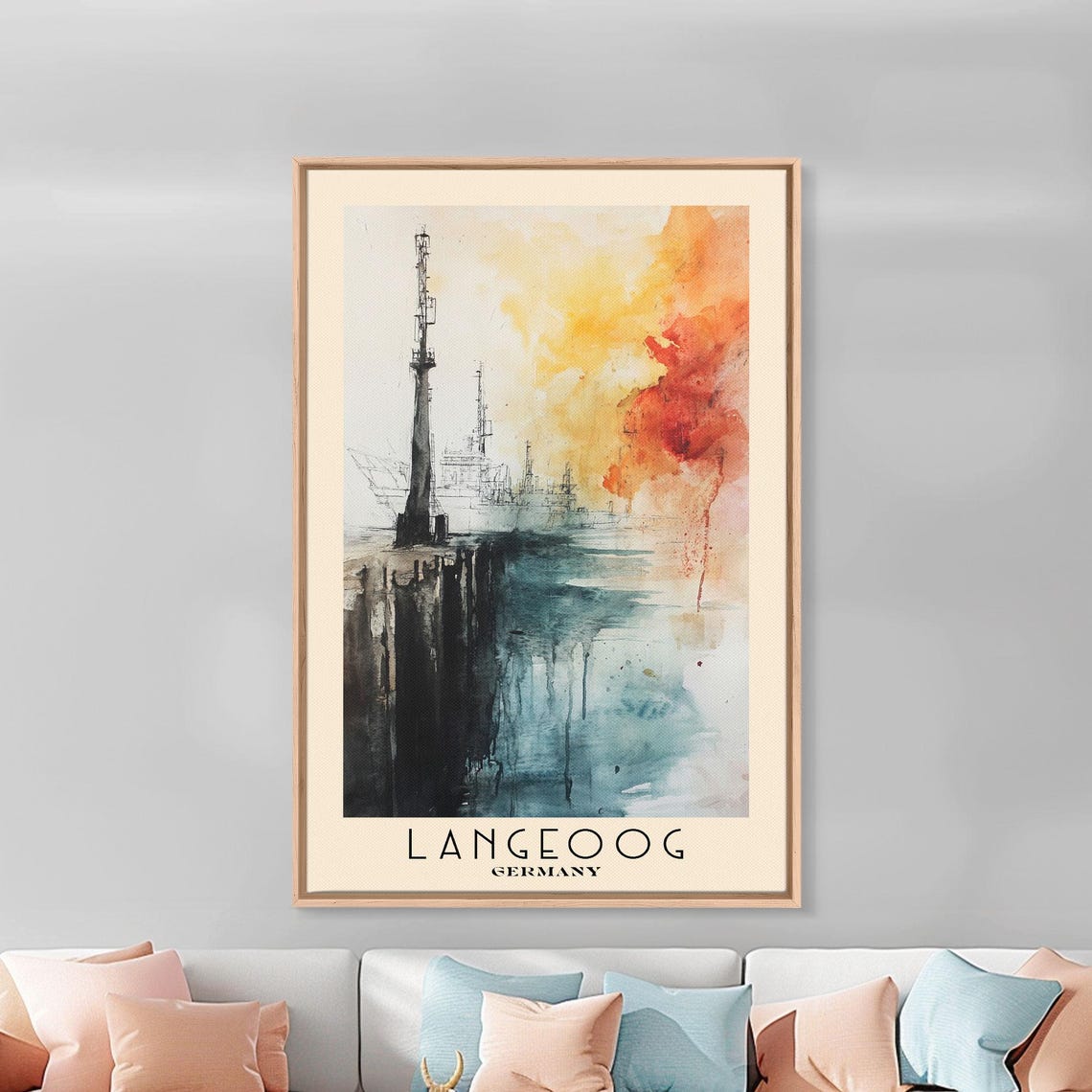 Langeoog Germany Harbor Ship Sunset Ink Wash Watercolor Poster - Image 2