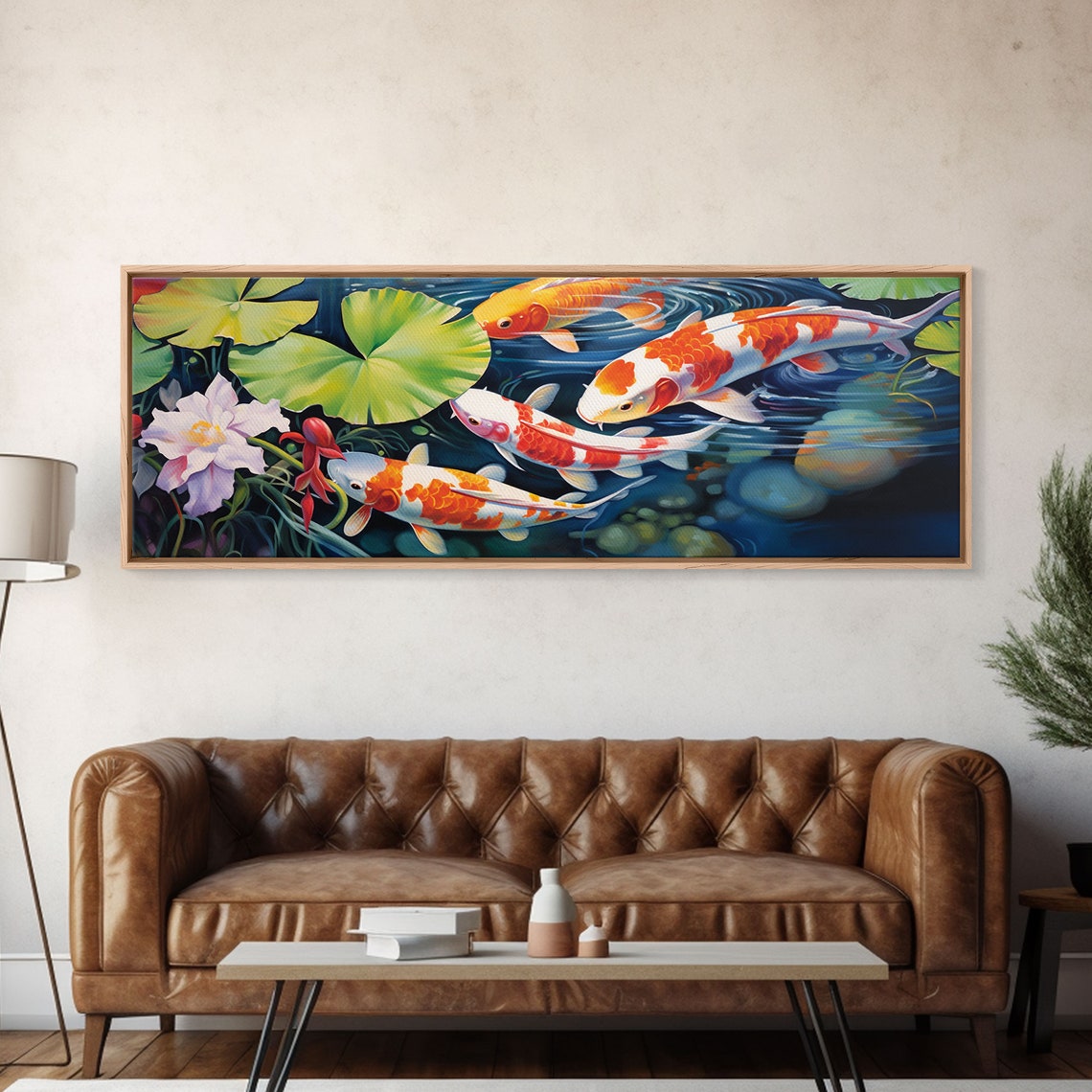 Koi Pond Painting Orange White Koi Lotus Lily Pads Panoramic Poster
