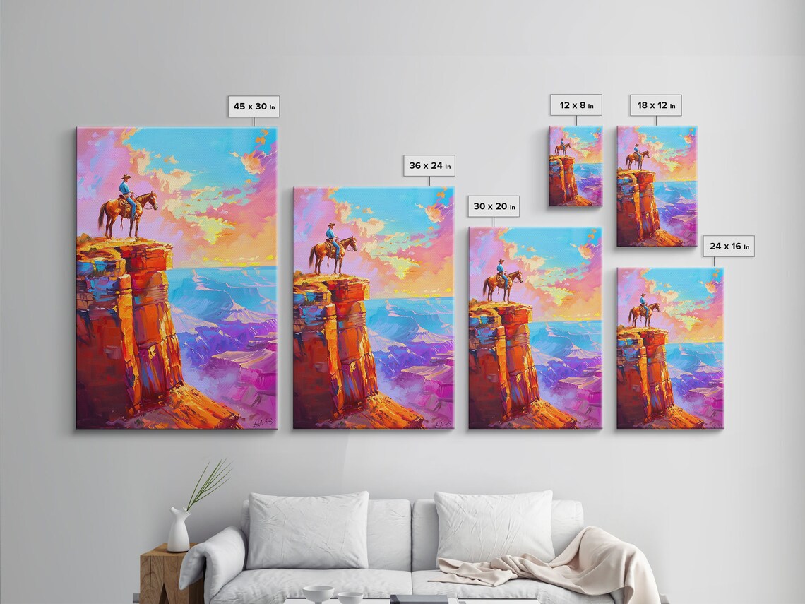 Cowboy On Cliff Edge Overlooking Canyon At Sunset Art Poster - Image 2