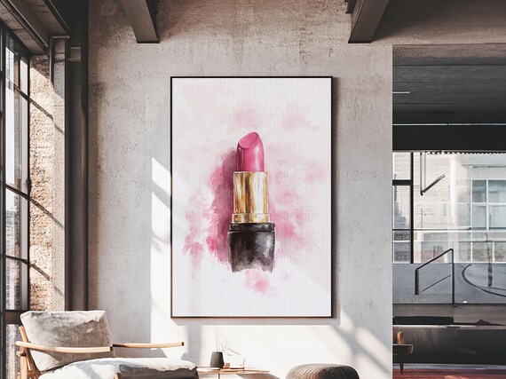 Pink Lipstick In Black And Gold Tube Watercolor Beauty Wall Art Print