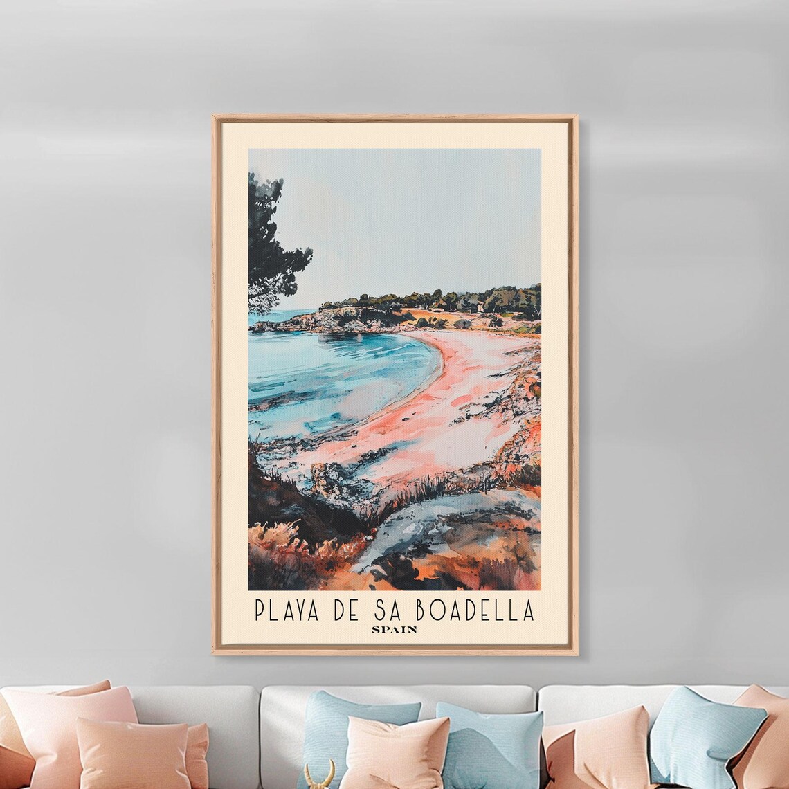 Playa de Sa Boadella Spain Pink Cove Teal Water Watercolor Travel Poster - Image 3