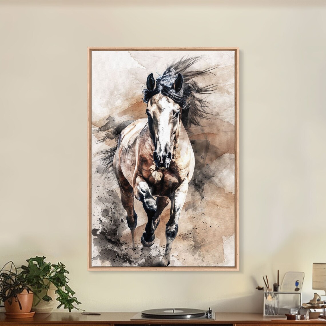 Charging Gray Horse Dust Watercolor Dynamic Equestrian Art Poster - Image 2