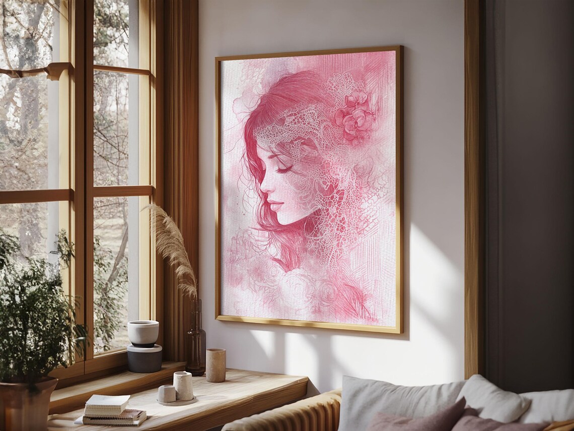 Pink Woman Portrait Lace Floral Sketch Elegant Romantic Art Poster - Image 5