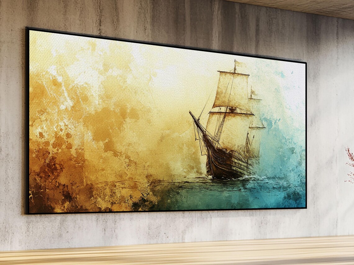 Abstract Pirate Ship Watercolor Golden Teal Ocean Wave Poster - Image 5