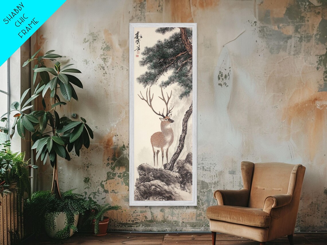 Framed Print Of Stag Under Pine Tree Rustic Wall Art Nature Inspired Above Bed Wall Art Cottagecore Decor Mountain Art - Image 3