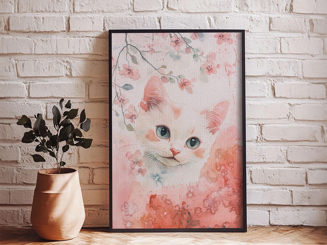 White Kitten Cherry Blossom Watercolor Cute Cat Nursery Art Poster - Image 4