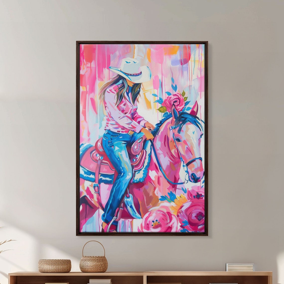Cowgirl With Floral Horse Colorful Western Art Framed Print Living Room Decor Cowgirl Painting Vibrant Wall Art - Image 3