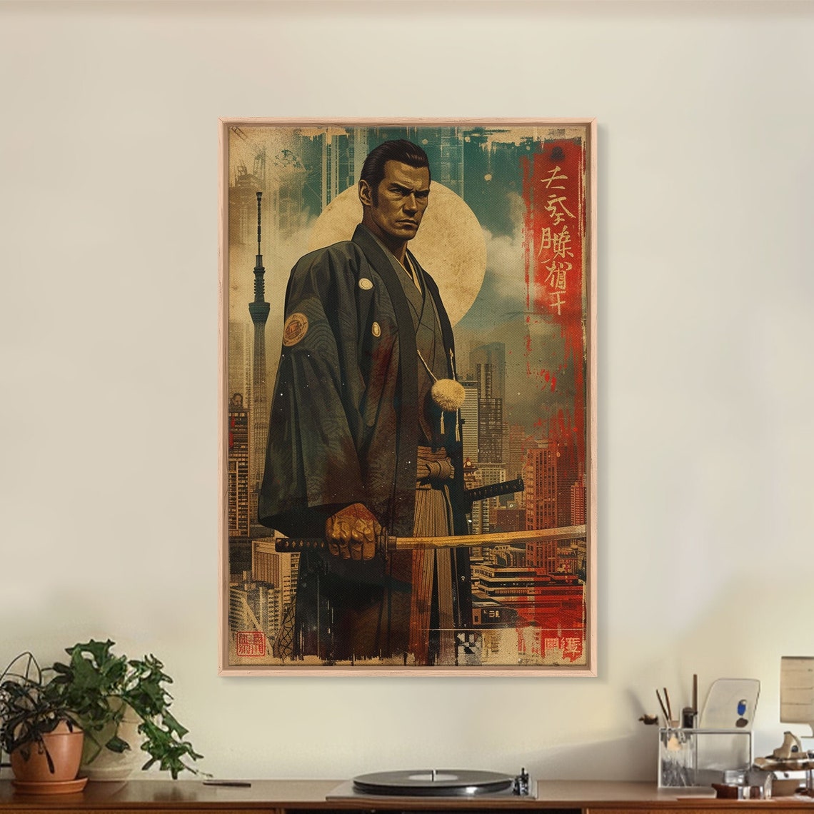 Samurai Warrior Tokyo Cityscape Skytree Gold Moon Modern Wall Art - Image 2
