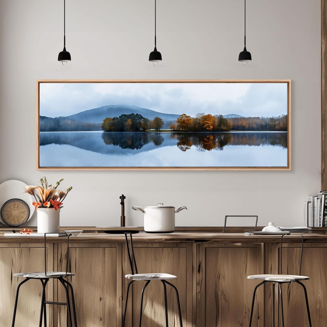 Calm Lake Mirror Reflection Misty Mountains Overcast Day Wall Art - Image 2