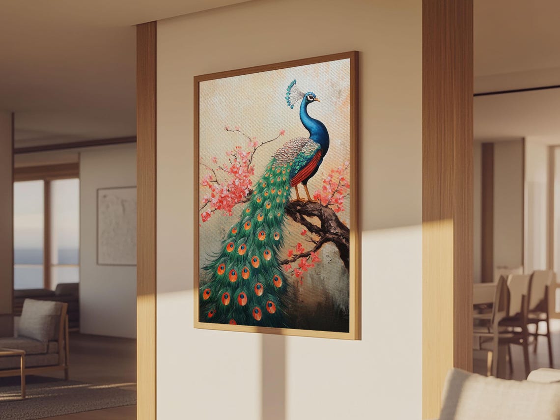 Peacock On Cherry Blossom Branch Chinoiserie Elegant Oriental Print - Image 6
