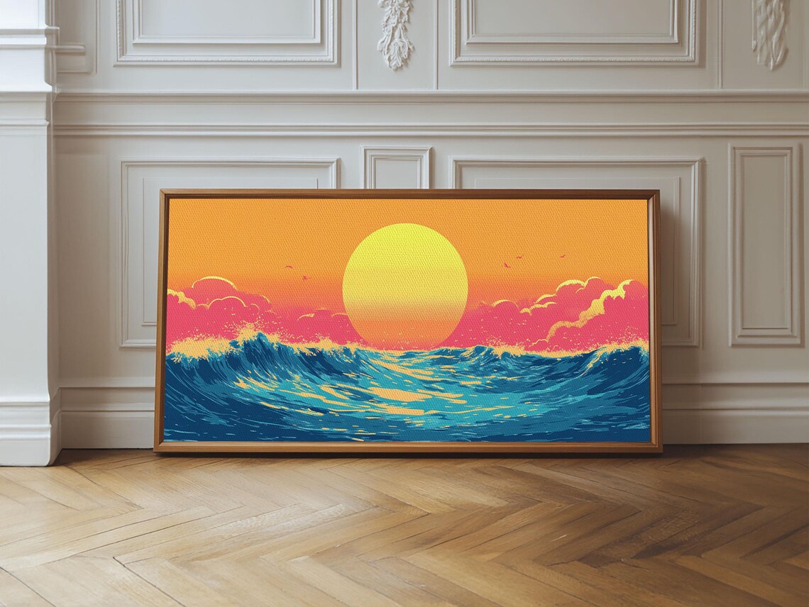 Retro Synthwave Sunset Over Ocean Waves Big Sun Colorful Beach Wall Poster - Image 2