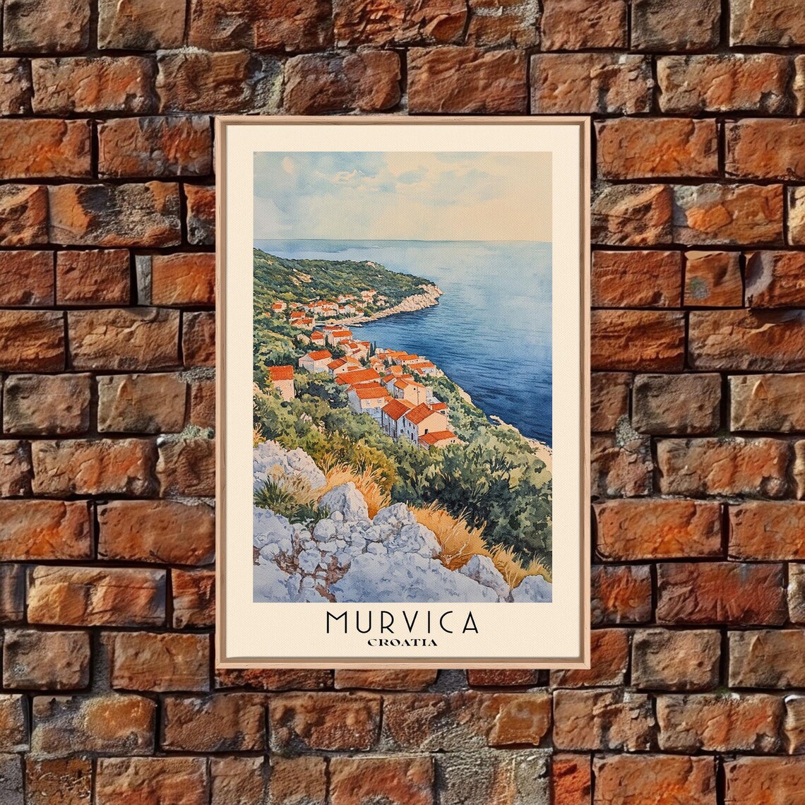 Murvica Croatia Hillside Village Red Roofs Sea View Watercolor Poster - Image 4