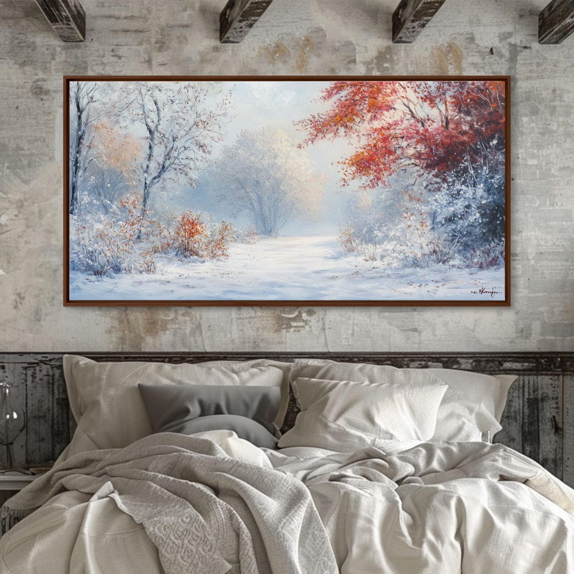 Snowy Winter Forest Path Red Leaves Falling Snow Scene Poster - Image 6