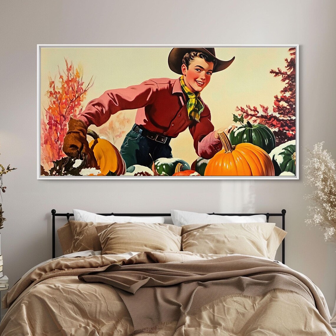 1950s Smiling Cowboy Among Giant Pumpkins With Fall Foliage Vintage Poster - Image 4