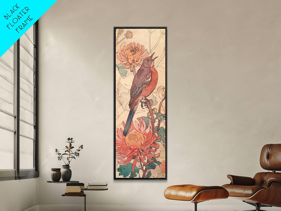 Singing Songbird Among Coral Chrysanthemums Ukiyo E Style Art Poster - Image 2