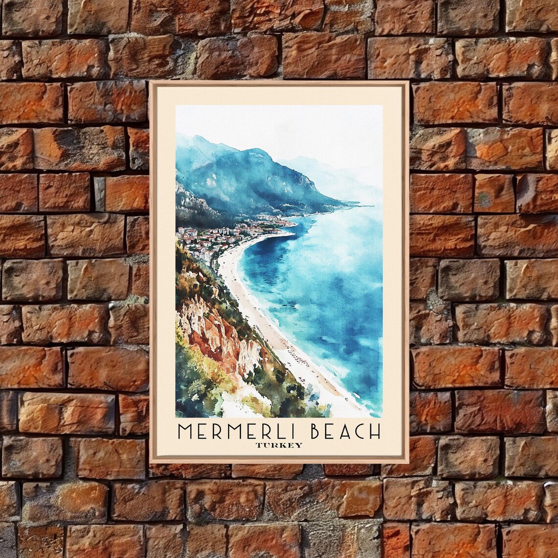 Mermerli Beach Turkey Curved Sandy Cove Seaside Town Watercolor Poster - Image 4
