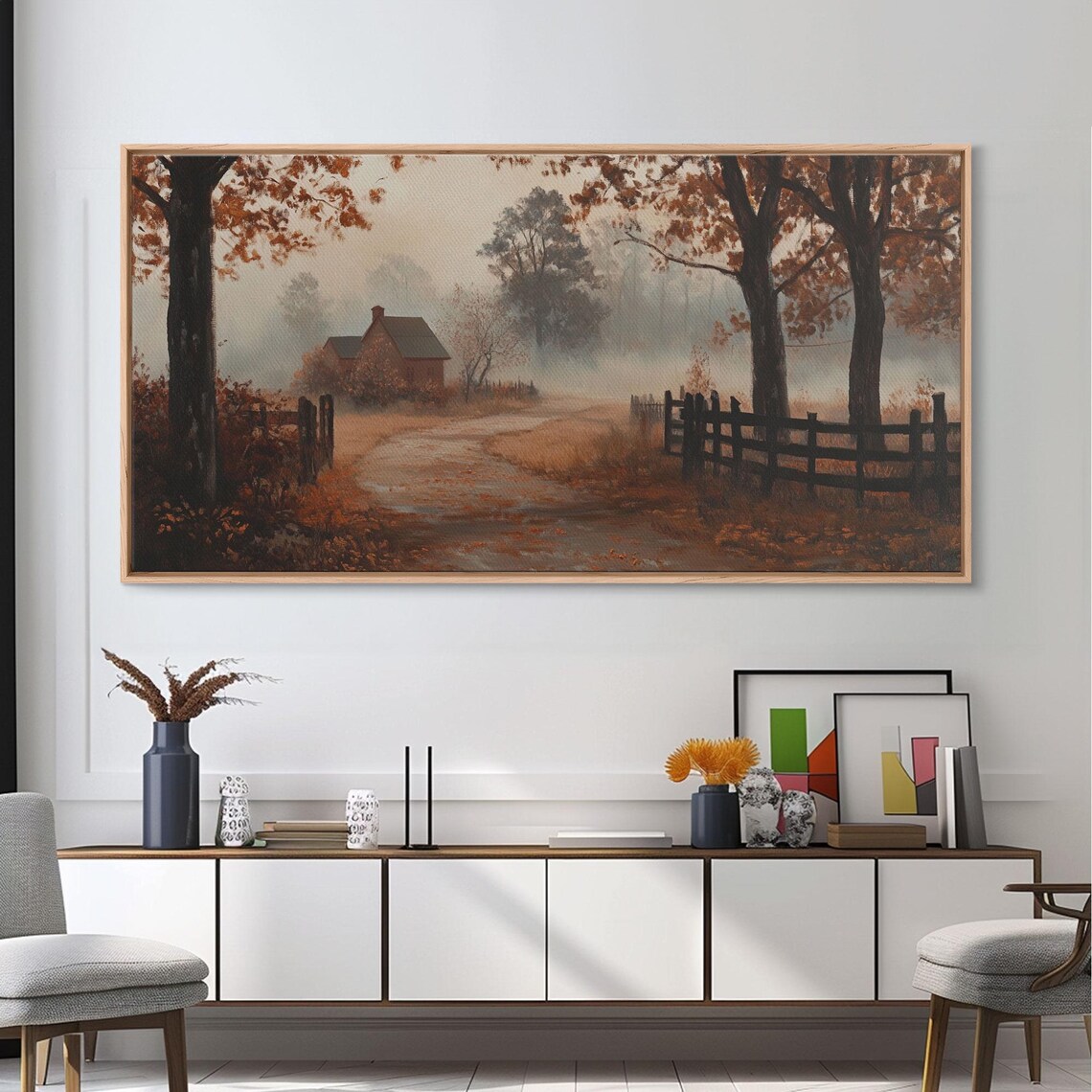 Misty Autumn Farm Road Leading To Red Barn Foggy Morning Art Poster - Image 4