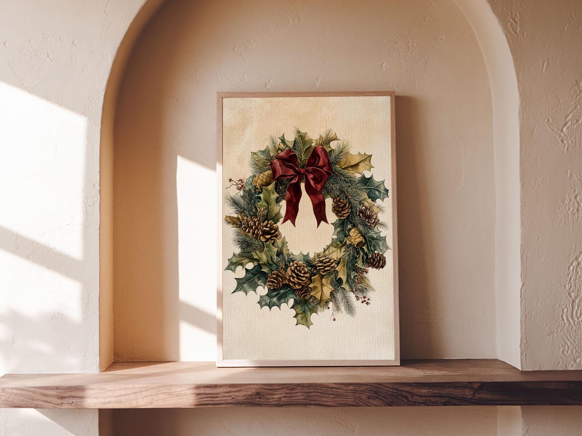 Vintage Christmas Wreath Pinecones Red Bow Classic Holiday Art Poster - Image 5