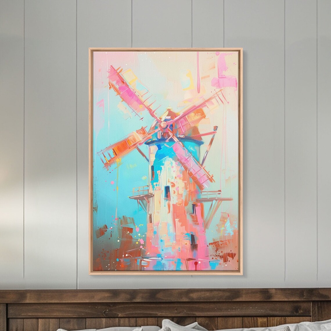 Pastel Windmill Painting In Pink Blue And Orange Soft Colors Poster - Image 4