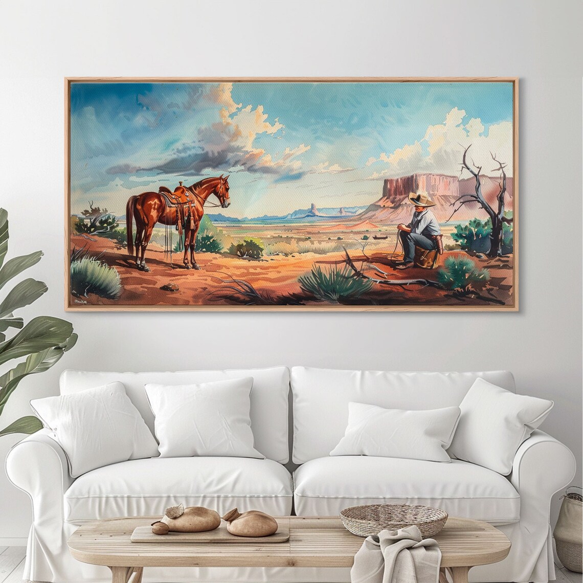 Cowboy Resting Beside Horse Red Desert Mesa Western Painting Poster - Image 2