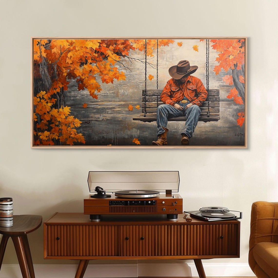 Cowboy Resting On A Porch Swing Beneath Autumn Trees Art Print - Image 5