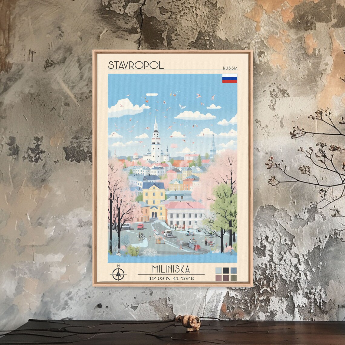 Stavropol Russia Spring Street White Tower Blooms View Travel Poster - Image 2