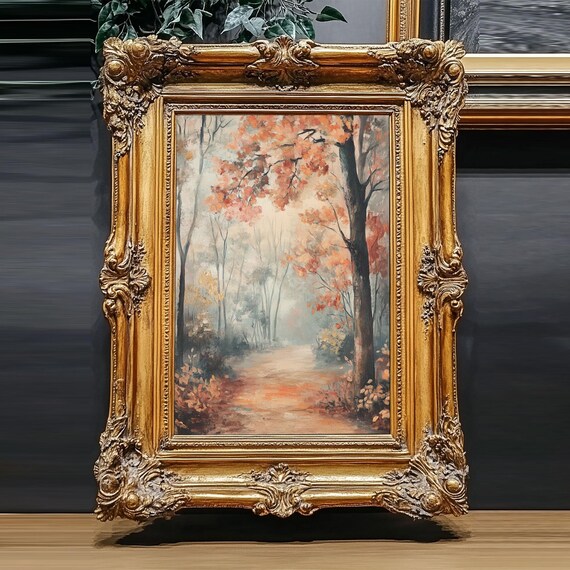 Framed Print Of Foggy Autumn Forest With Red Leaves Moody Landscape Wall Art Fall Seasonal Decor Best Gift Idea Modern Farmhouse