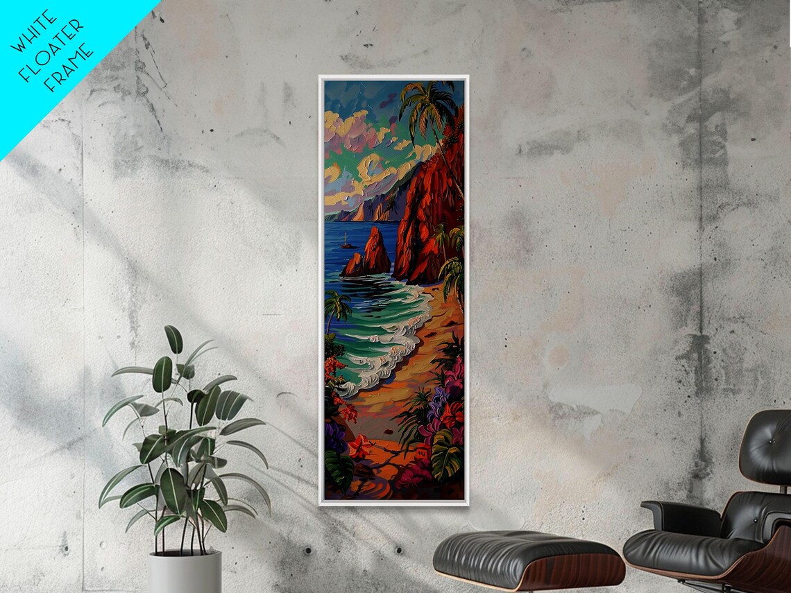 Hawaii Volcanic Cliff Cove Turquoise Surf Palm Beach Landscape Poster - Image 2